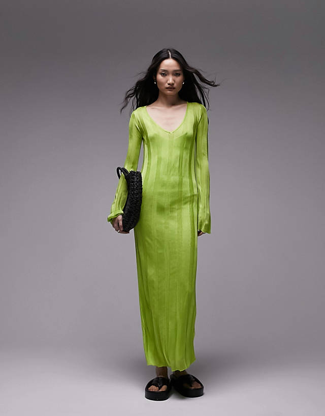 Topshop knitted long sleeve sheer dress in lime