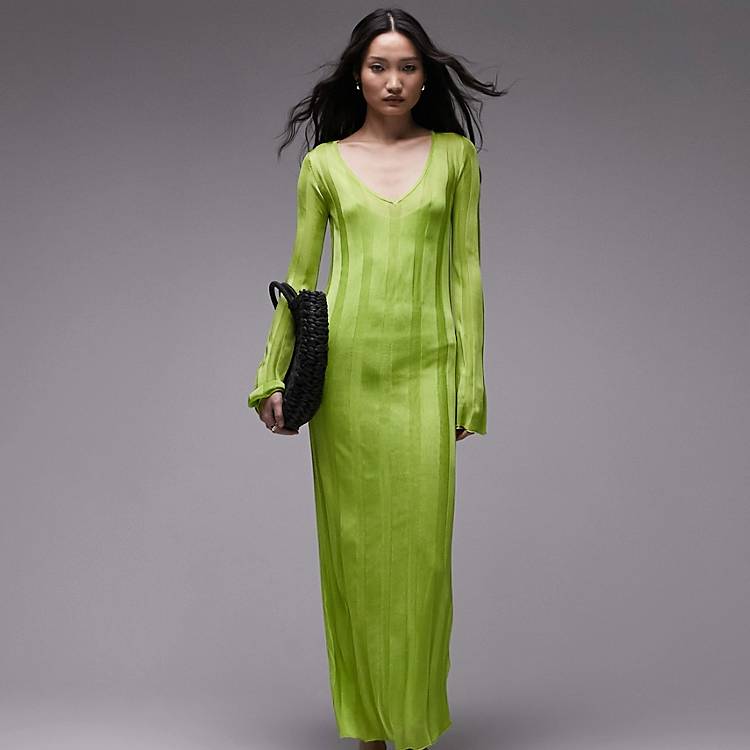 Topshop knitted long sleeve sheer dress in lime