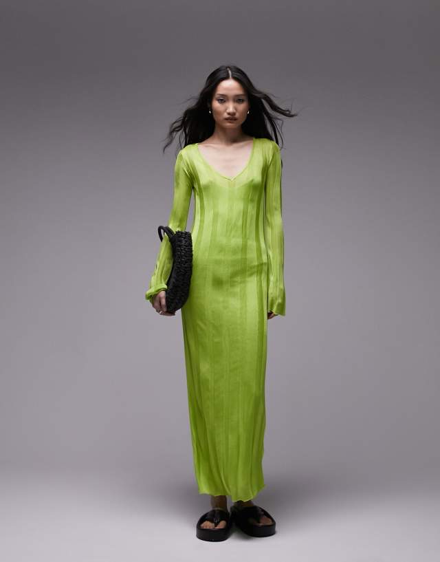 Topshop knitted long sleeve sheer dress in lime