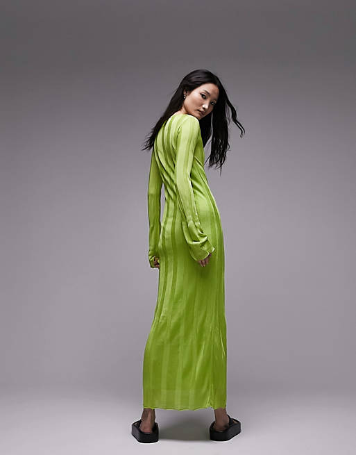Topshop knitted long sleeve sheer dress in lime | ASOS