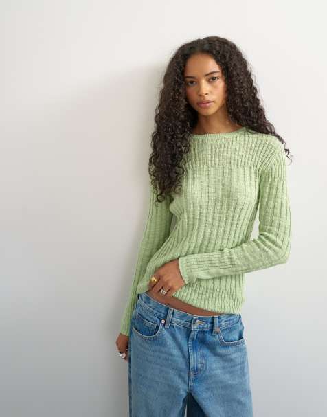 Topshop knitted long sleeve slim fit crew neck ribbed top in pistachio - view 1