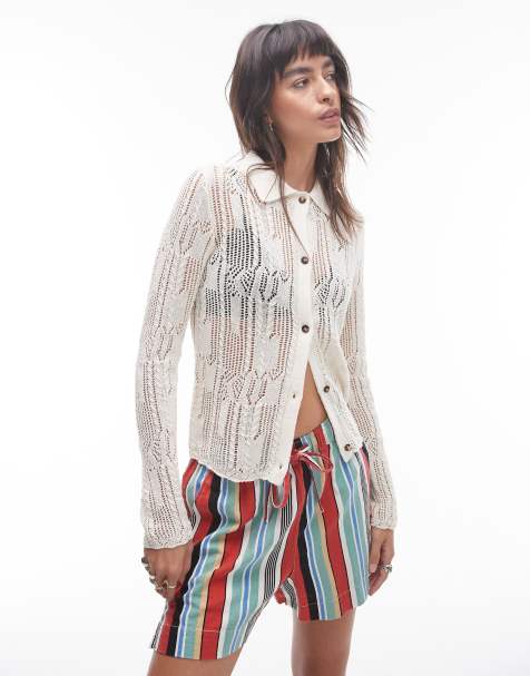 Topshop knitted long sleeve stitchy pattern shirt in cream - view 1