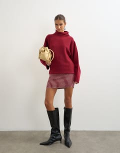 Knitted long sleeve stripe mini dress with wool in burgundy
