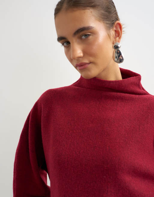 Topshop knitted long sleeve stripe mini dress with wool in burgundy, 3 of 4