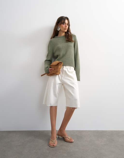 Topshop knitted long sleeve top with roll hem trims in khaki, 2 of 4