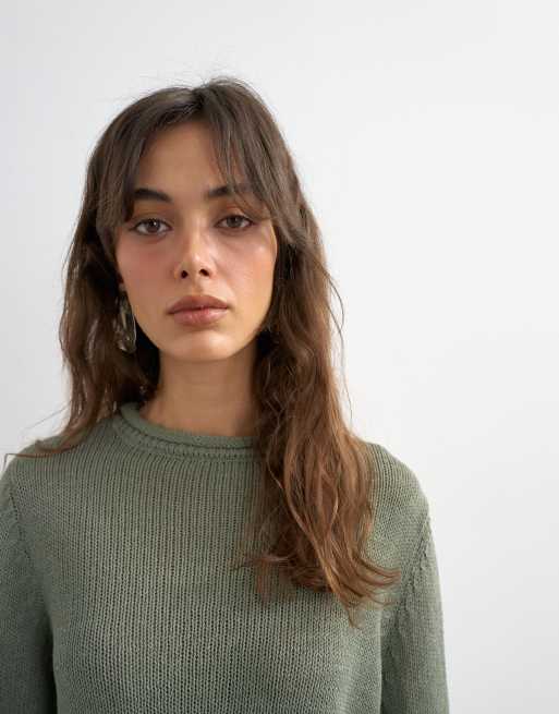 Topshop knitted long sleeve top with roll hem trims in khaki, 3 of 4