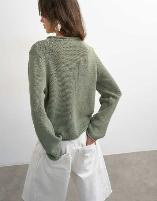 Topshop knitted long sleeve top with roll hem trims in khaki, 4 of 4