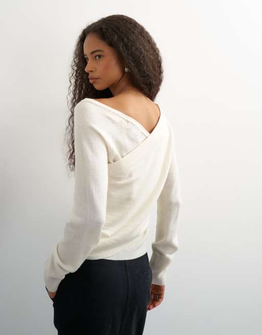 Topshop knitted long sleeve wool blend v neck drapey top in ivory, 2 of 4