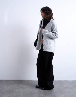 Topshop Knitted Longline Easy Cardigan In Grey