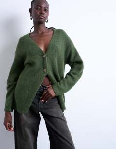 Knitted longline easy cardigan in khaki