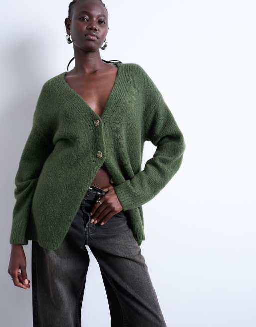 Topshop knitted longline easy cardigan in khaki