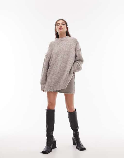 Topshop knitted longline exposed seam fluffy crew neck sweater in oat