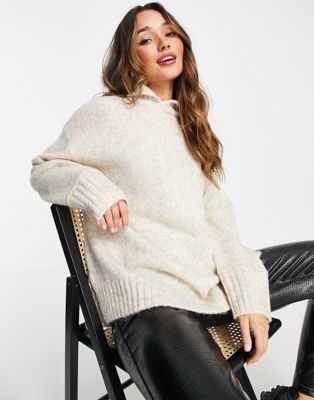 Topshop knitted longline jumper with collar in sand