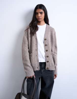 Topshop Women's Oat Knitted Longline Pocket Chunky Wool Mix Cardigan-Neutral