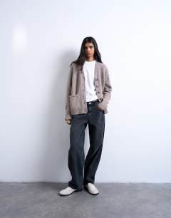 Model wearing Knitted longline pocket chunky wool mix cardigan