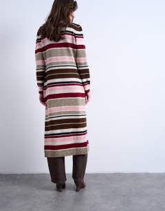 Model wearing Knitted longline stripe cardigan in multi