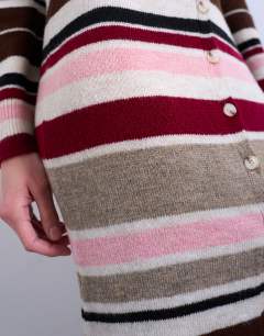 Model wearing Knitted longline stripe cardigan in multi