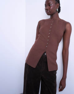 Knitted longline waistcoat in chocolate