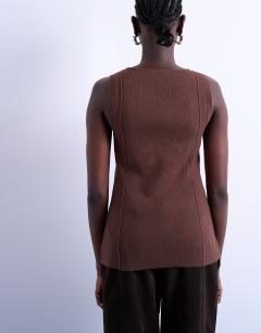 Model wearing Knitted longline waistcoat in chocolate