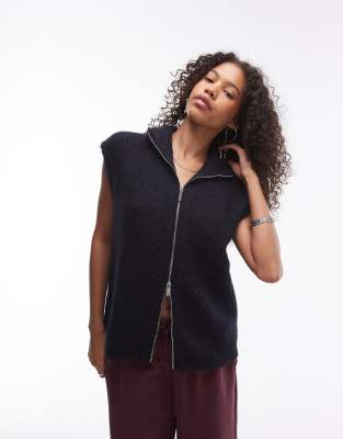 Topshop Knitted Longline Zip Through Oversized Tank In Navy