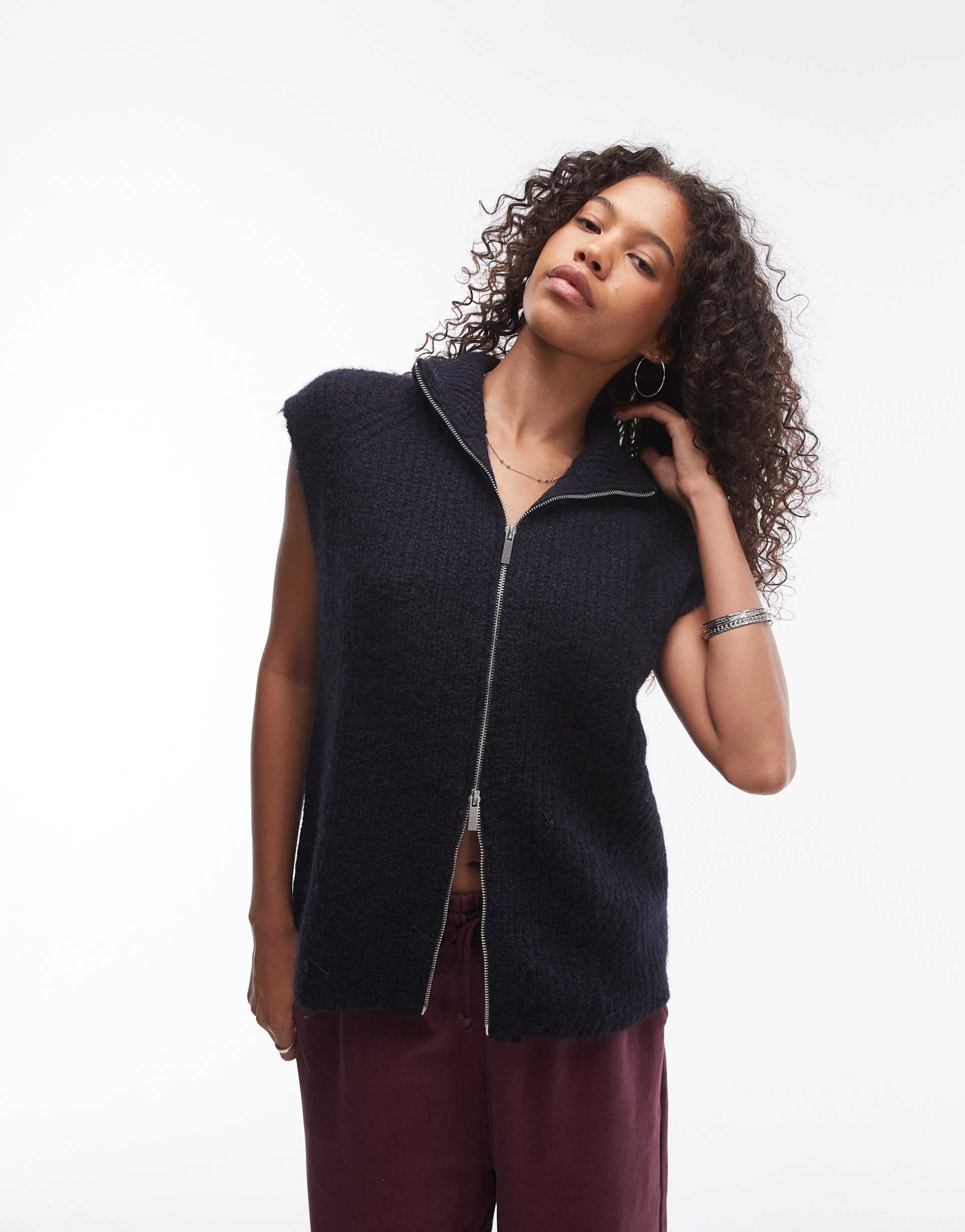 topshop knitted longline zip through oversized tank in navy