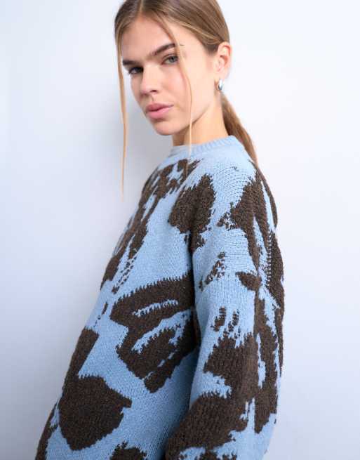 Topshop knitted looped textured print jumper in blue