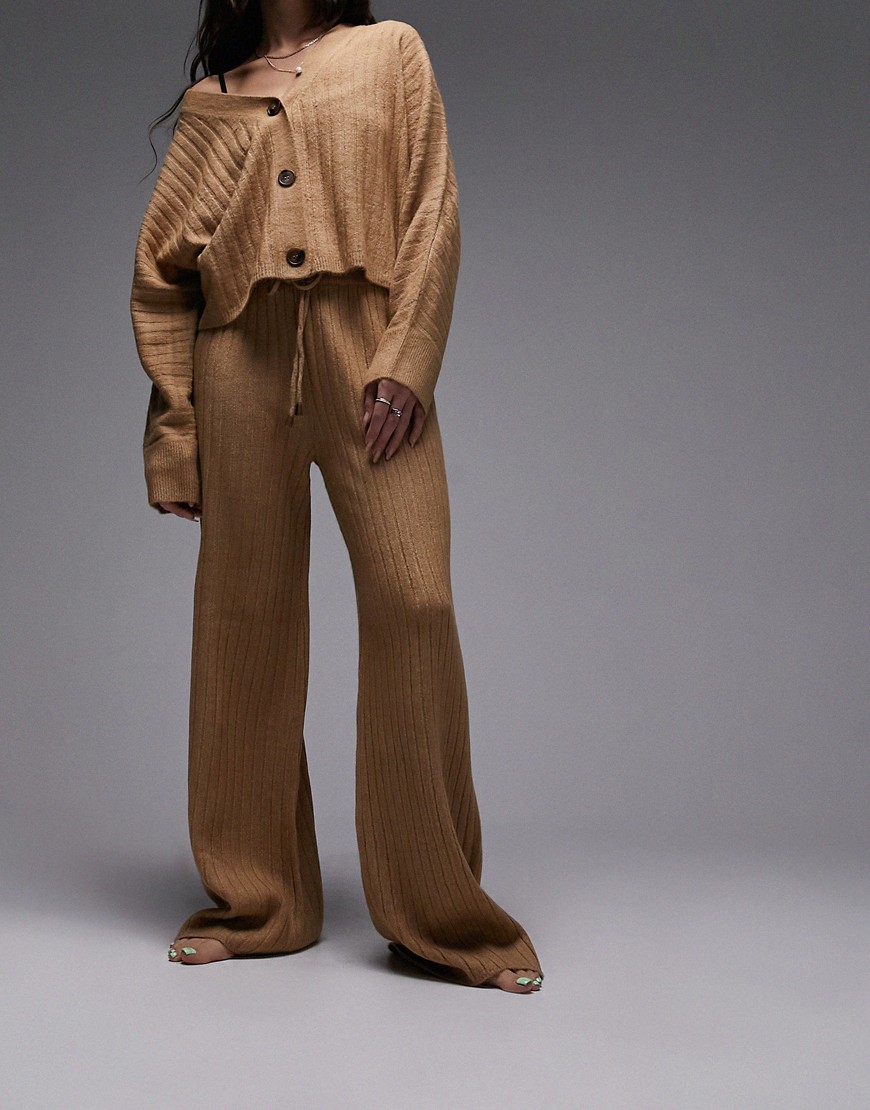 Topshop knitted loungewear rib cardigan and wide leg trouser set in camel-Brown