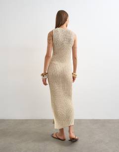 Model wearing Knitted low scoop crochet maxi dress in neutral stone
