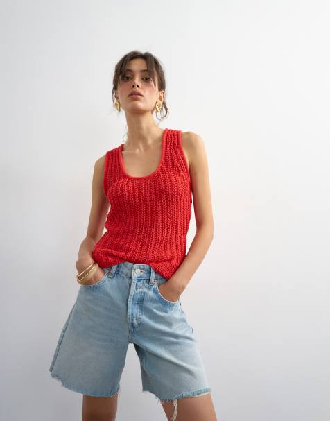 Topshop knitted low scoop crochet vest top in red - view 1