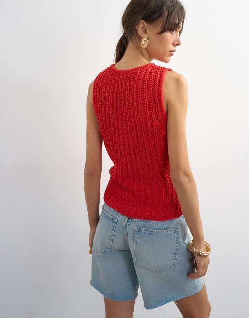 Topshop knitted low scoop crochet vest top in red, 4 of 4