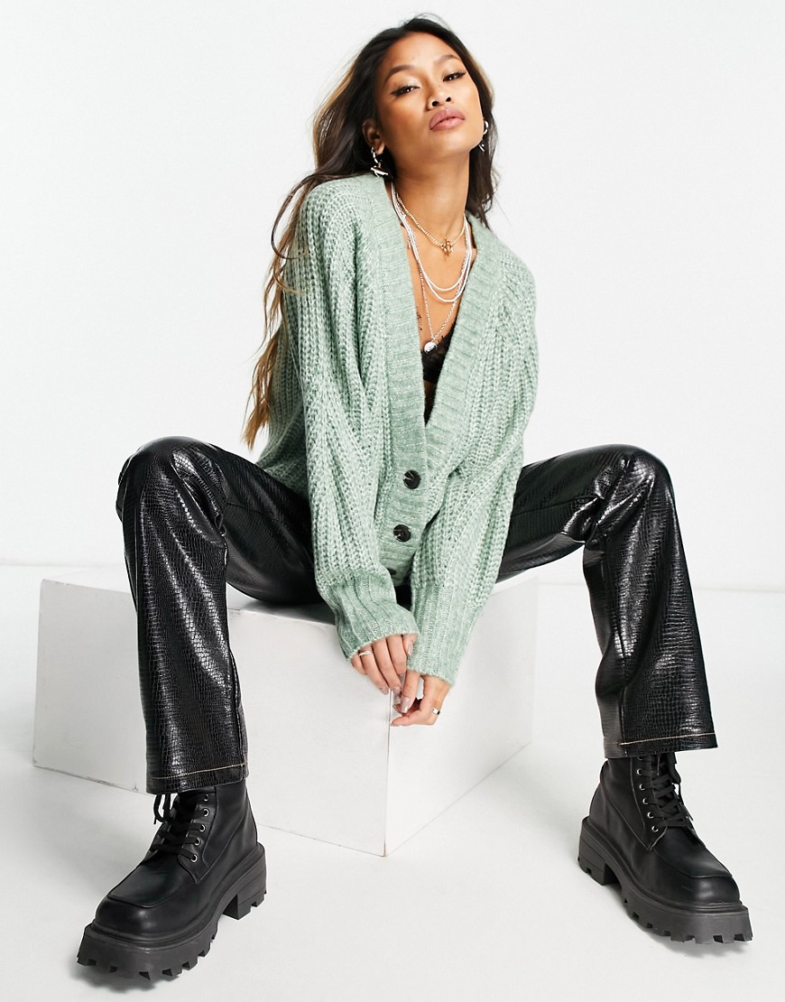 Topshop knitted low v cardi in green