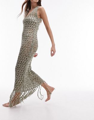 Topshop knitted maxi beach dress in khaki and cream - ASOS Price Checker