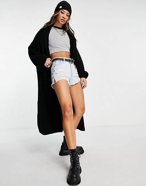 Women Topshop knitted maxi cardi in black 