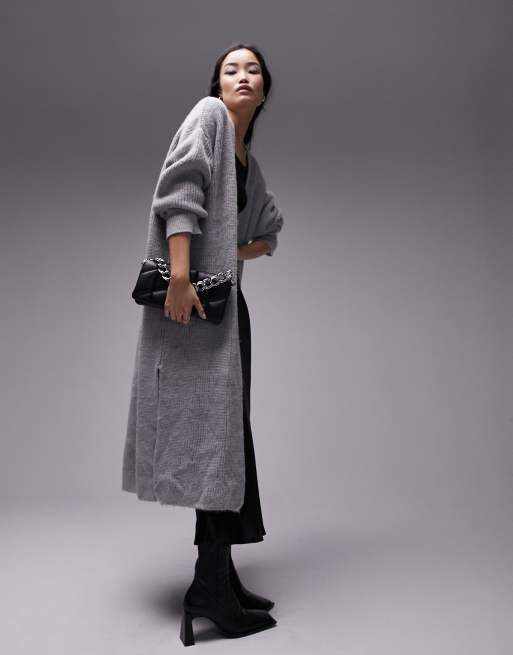 Topshop knitted maxi cardigan in gray