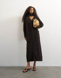 Model wearing Knitted maxi cardigan with button detail in tobacco
