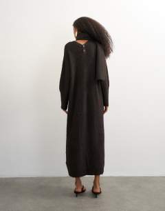 Model wearing Knitted maxi cardigan with button detail in tobacco