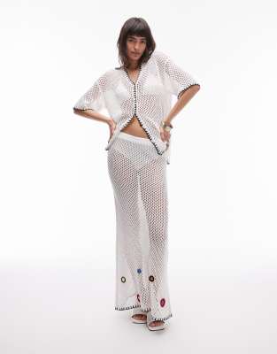 Topshop knitted maxi skirt flower co-ord in cream-White