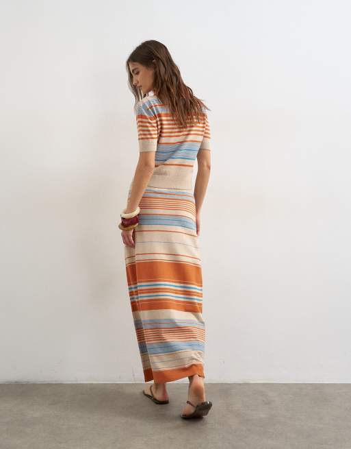 Topshop knitted maxi stripe skirt co-ord in blue multi, 4 of 5