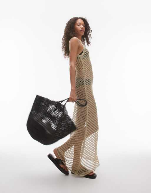 Topshop knitted metallic ladder dress in gold, 3 of 4