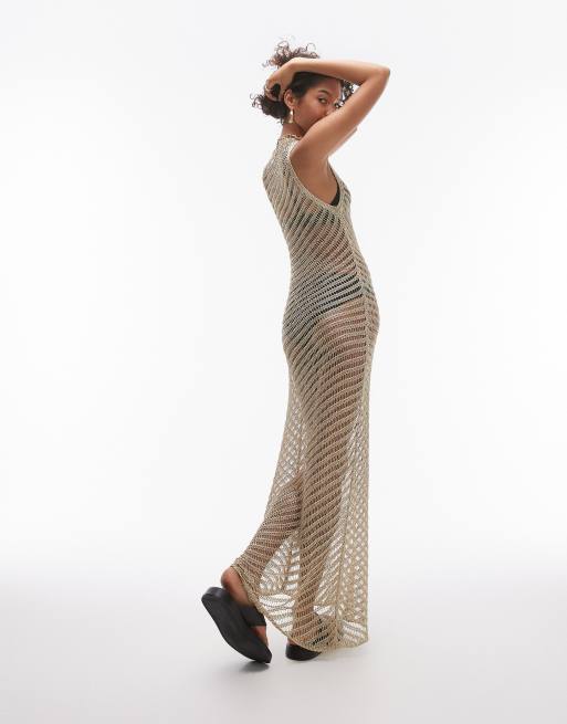 Topshop knitted metallic ladder dress in gold, 4 of 4