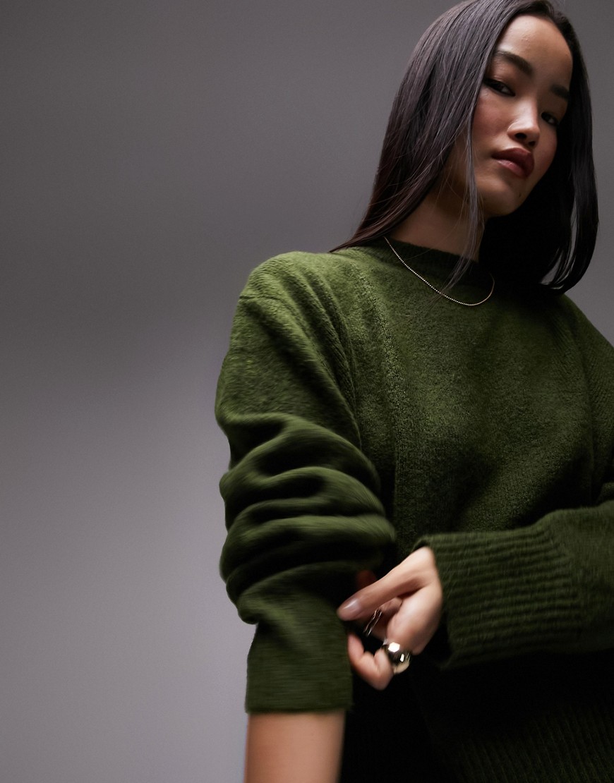Topshop Knitted Mid Crew Sweater-green