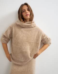 Knitted mix and match brushed pure cashmere premium deep funnel neck jumper in neutral