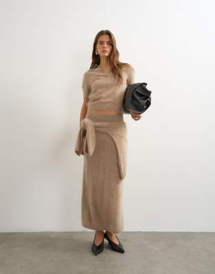 Topshop Knitted Mix And Match Brushed Pure Cashmere Premium Maxi Skirt In Brown