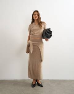 Knitted mix and match brushed pure cashmere premium maxi skirt in neutral