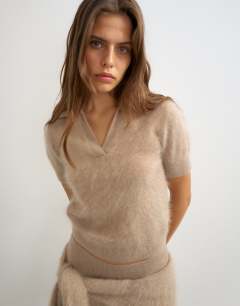Knitted mix and match brushed pure cashmere premium polo top in neutral