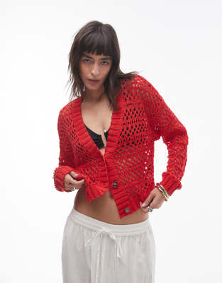 Topshop Knitted Mix Stitch Cardigan In Bright Red