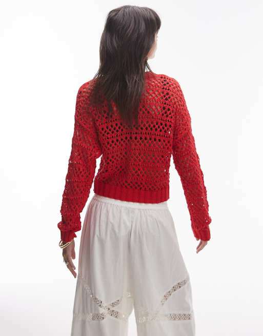 Topshop knitted mix stitch cardigan in bright red | ASOS
