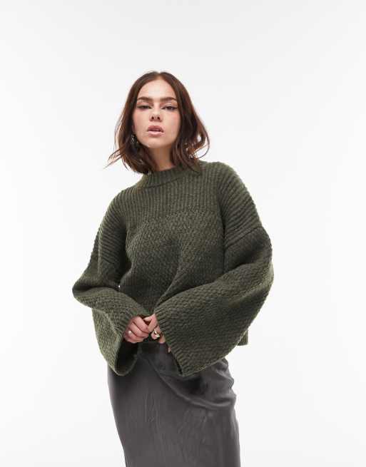 Topshop knitted mix stitch wide sleeve crew sweater in olive green