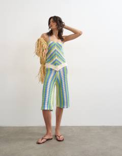Knitted mix stripe co-ord longline jort in green and blue multi