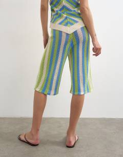 Model wearing Knitted mix stripe co-ord longline jort in green and blue multi